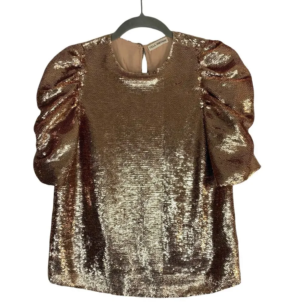 Ulla Johnson Rae Sequin Blouse Size 2 Rose Gold Puff Sleeve Party Top Metallic